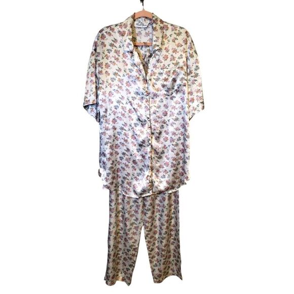 Sarah Spencer Vintage Silky White & Pink Dainty Floral Pajama Set, Size L - Picture 1 of 11